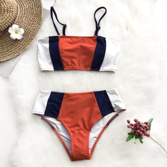 CLEARANCE Tricolor Red Navy Color Block Bandeau Bikini Set - Picture 2 of 7